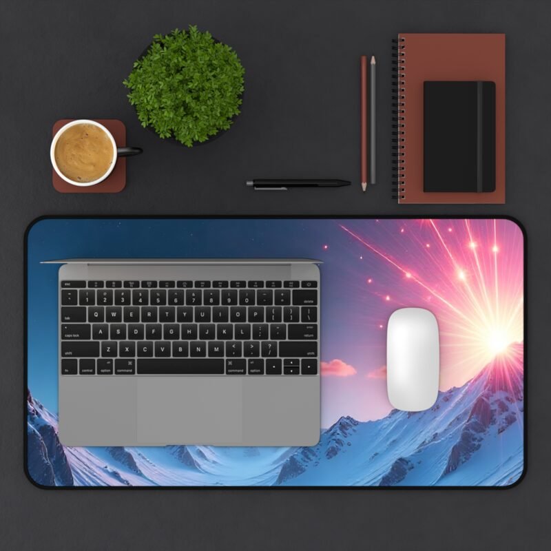 Galaxy Desk Mat with Snowy Mountain Sunrise and Celestial Design - Image 7