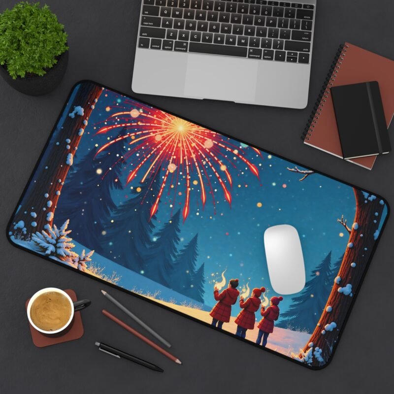 Winter-Themed Mouse Pad with Fireworks and Snowy Pines for Festive and Cozy Workspaces - Image 8