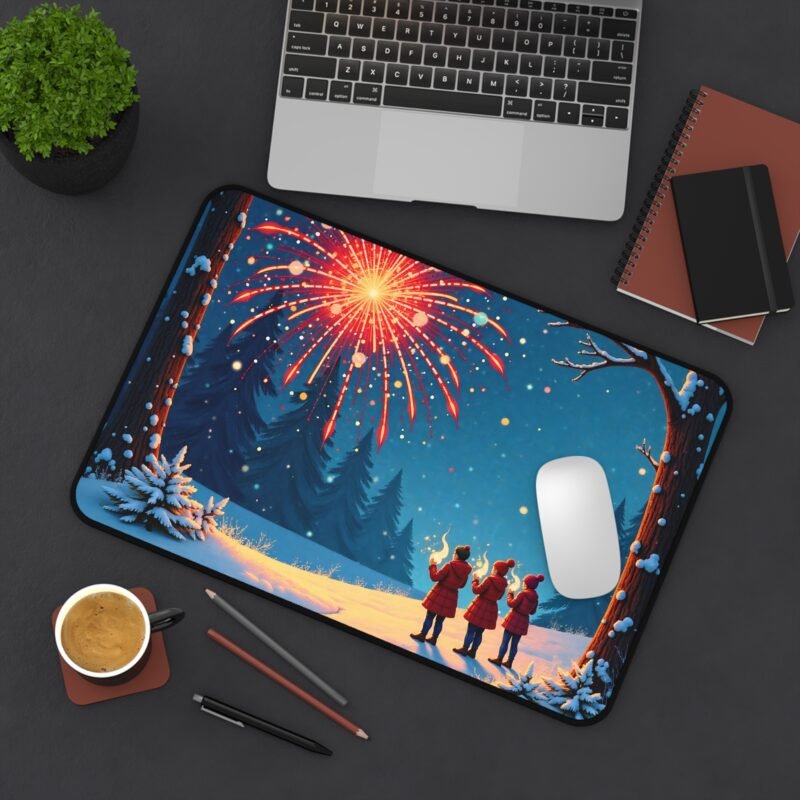 Winter-Themed Mouse Pad with Fireworks and Snowy Pines for Festive and Cozy Workspaces - Image 4