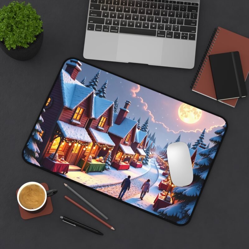 Winter Wonderland Mouse Pad with Festive Snow-Covered Cottages and Holiday Market Scene - Image 4