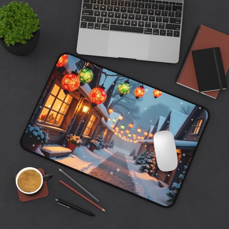 Winter Village Desk Mat with Festive Lanterns and Snowy Cottage Scene - Image 4