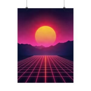 Synthwave Sunset Poster — Retro 80s Wall Art for Gaming Setup