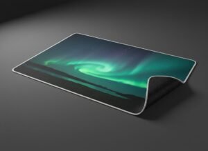 Aurora Drift XL Gaming Desk Mat shown on a clean studio background with one corner lifted to show the non-slip base