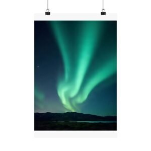Aurora Drift Poster unframed, hanging from binder clips against a plain wall