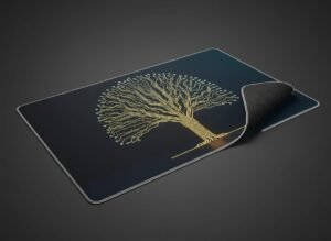 Circuit Bloom XL Gaming Desk Mat shown on a clean studio background with one corner lifted to show the non-slip base