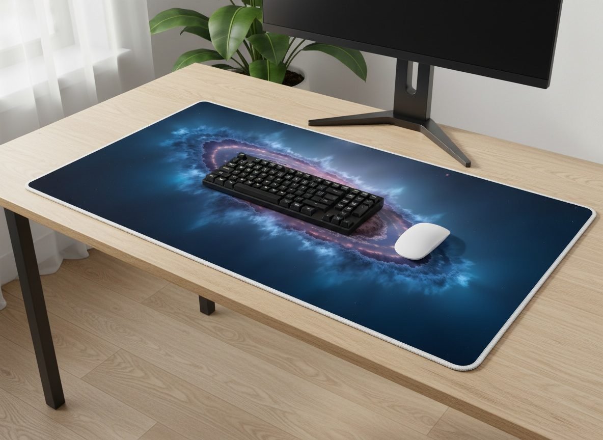 Deep Space Desk Mat XL desk mat on a wooden desk with a mechanical keyboard and mouse