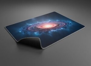 Deep Space XL Gaming Desk Mat shown at an angle on a dark studio background, white stitched edge and non-slip base visible