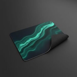 Emerald Flow Gaming Mouse Pad shown at an angle on a dark studio background, white stitched edge and non-slip base visible