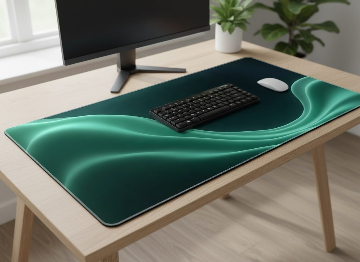 Emerald Flow Desk Mat XL desk mat on a wooden desk with a mechanical keyboard and mouse