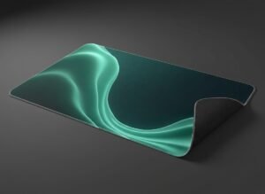 Emerald Flow XL Gaming Desk Mat shown at an angle on a dark studio background, white stitched edge and non-slip base visible