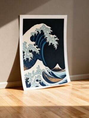 Great Wave Poster shown unframed, leaning against a warm grey wall on an oak floor