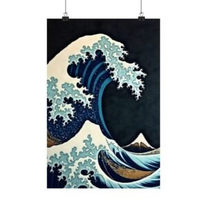 Great Wave Poster unframed, hanging from binder clips against a plain wall
