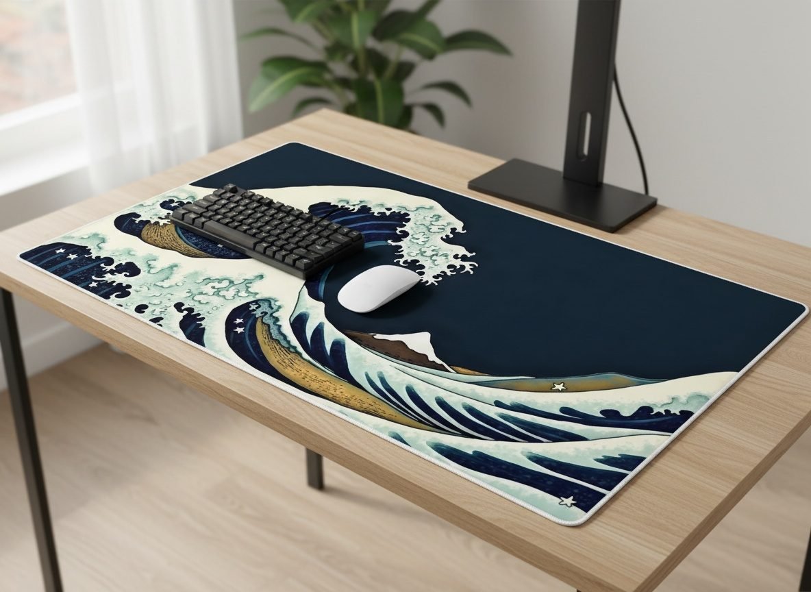 Great Wave Desk Mat XL desk mat on a wooden desk with a mechanical keyboard and mouse