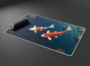 Koi Current XL Gaming Desk Mat shown on a clean studio background with one corner lifted to show the non-slip base