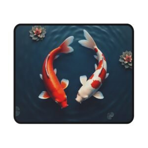Koi Current Mouse Pad seen from above, showing the printed cloth surface and black stitched edge