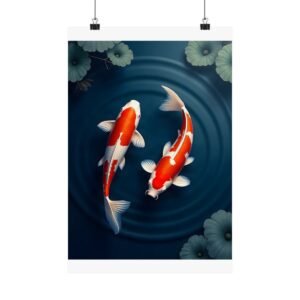 Koi Current Poster unframed, hanging from binder clips against a plain wall