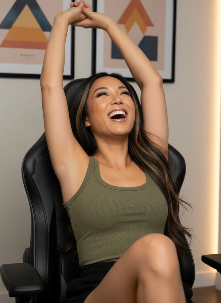 Lana stretching back in a gaming chair in front of a wall of framed abstract art prints
