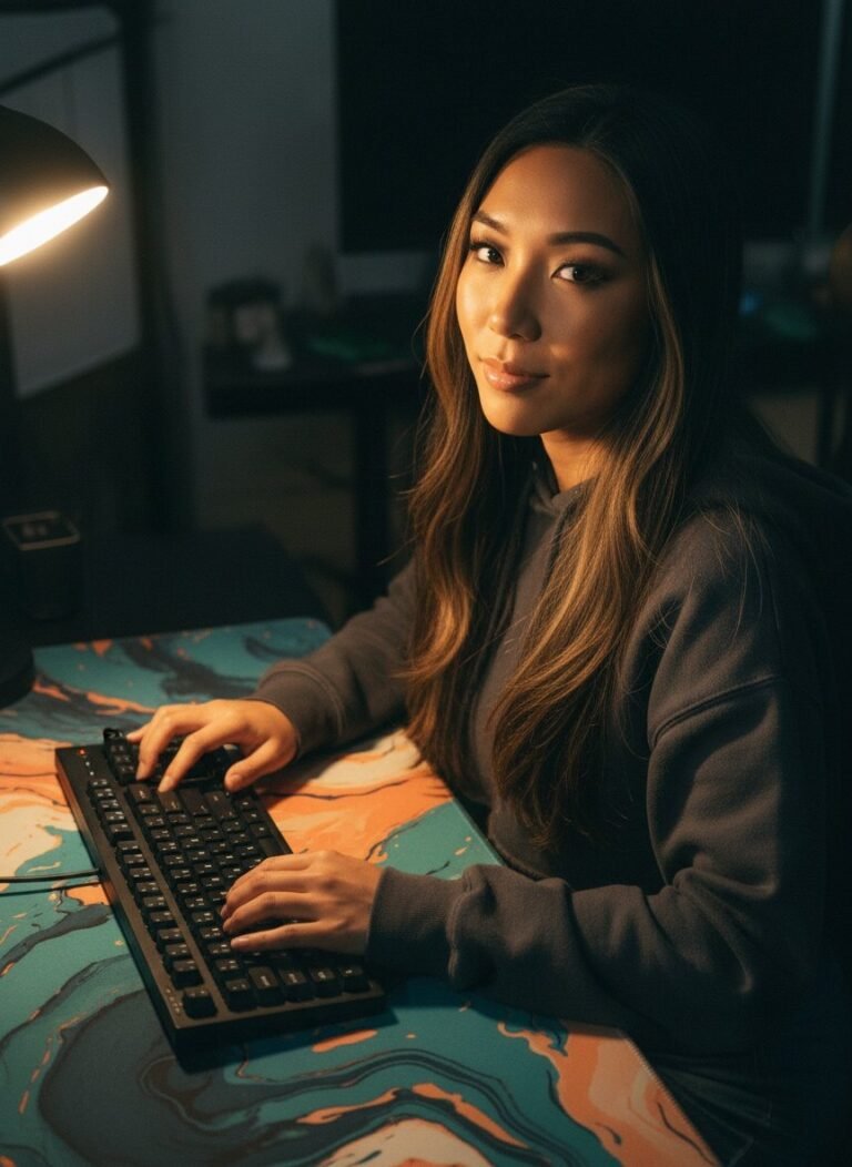 Lana's hands on a mechanical keyboard resting on a teal and orange abstract desk mat