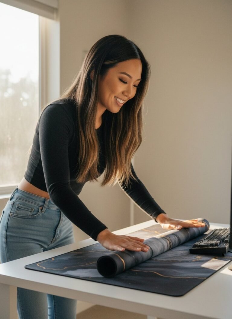 Lana, the MousePady brand character, at her desk