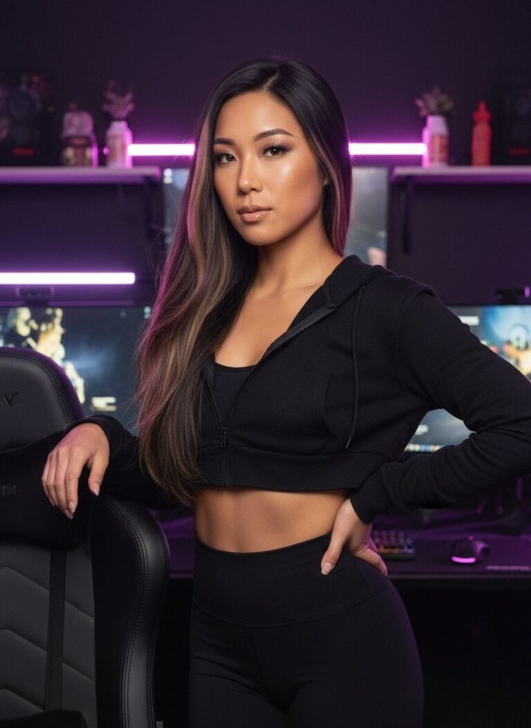 Lana standing in a dark gaming room lit by purple and pink LEDs, looking at camera