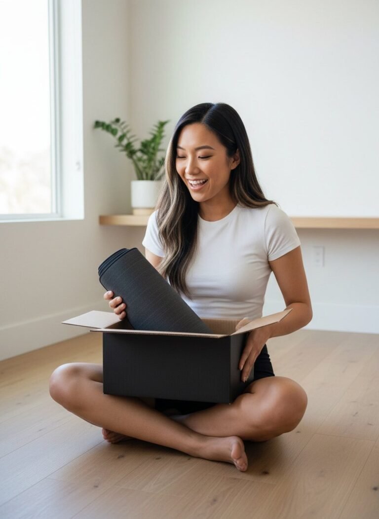 Lana sitting on the floor unboxing a rolled MousePady desk mat from its shipping box