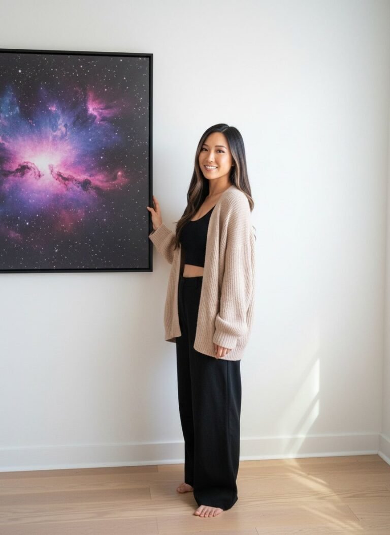 Lana standing beside a large framed nebula art print on a white wall