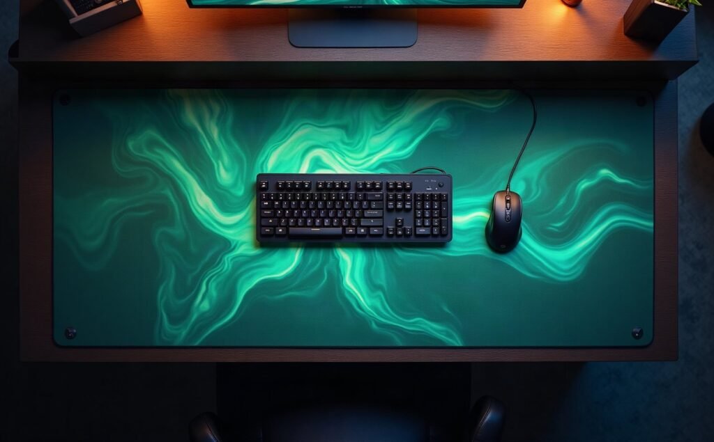 Gaming battlestation with an XL MousePady desk mat, mechanical keyboard and mouse