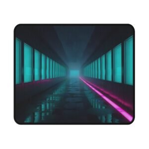 Neon District Mouse Pad seen from above, showing the printed cloth surface and black stitched edge