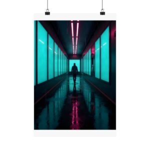 Neon District Poster unframed, hanging from binder clips against a plain wall