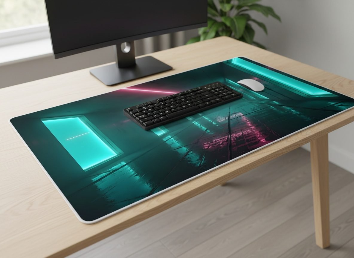 Neon District Desk Mat XL desk mat on a wooden desk with a mechanical keyboard and mouse