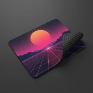 Synthwave Sunset Gaming Mouse Pad shown at an angle on a dark studio background, white stitched edge and non-slip base visible