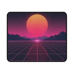 Synthwave Sunset Gaming Mouse Pad seen from above, showing the printed cloth surface and black stitched edge