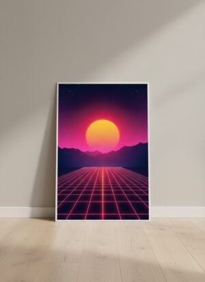 Synthwave Sunset Poster shown at an angle on a dark studio background, white stitched edge and non-slip base visible