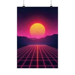 Synthwave Sunset Poster unframed, hanging from binder clips against a plain wall