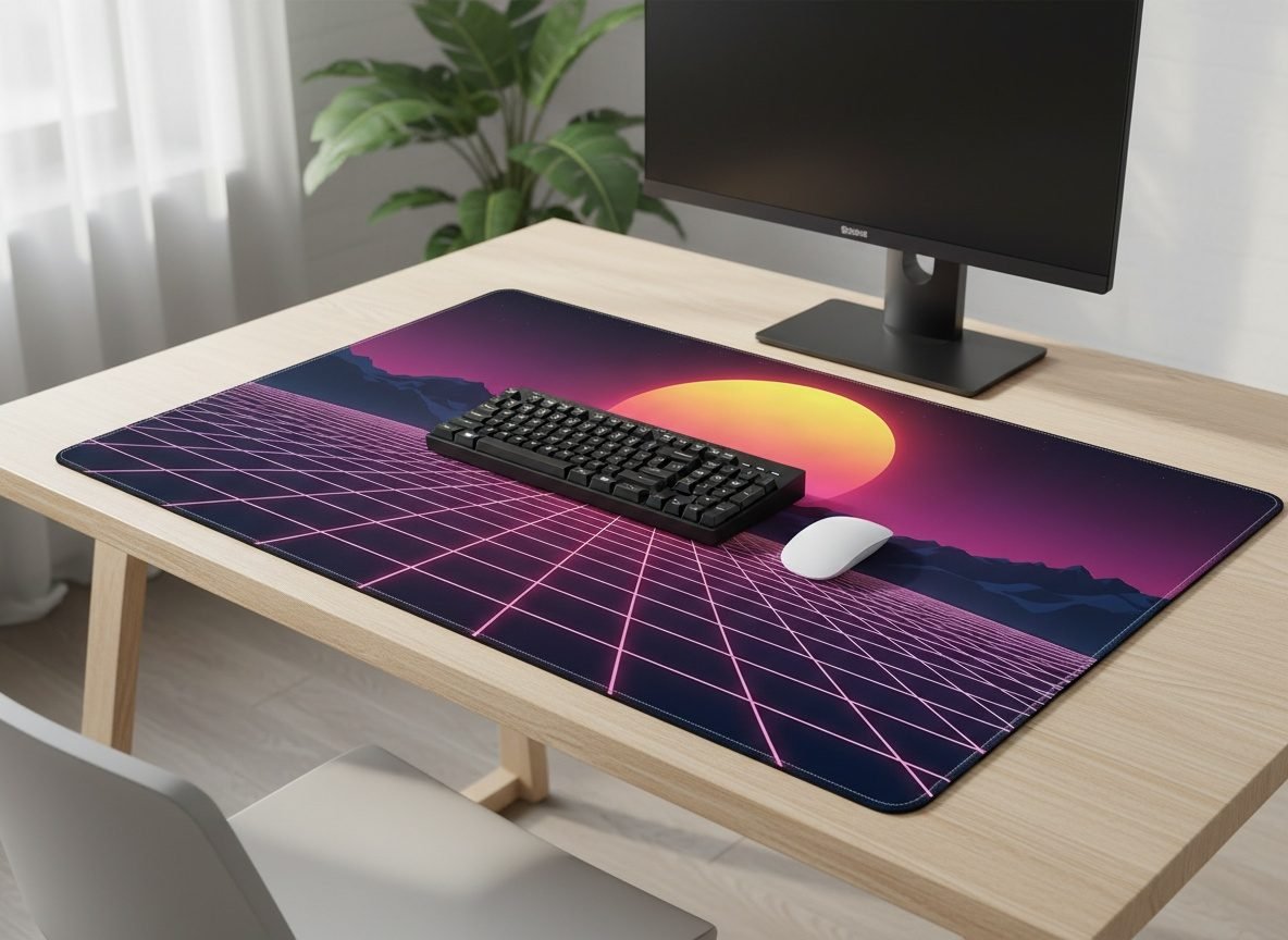 Synthwave Sunset Desk Mat XL desk mat on a wooden desk with a mechanical keyboard and mouse