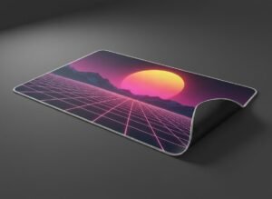 Synthwave Sunset XL Gaming Desk Mat shown at an angle on a dark studio background, white stitched edge and non-slip base visible