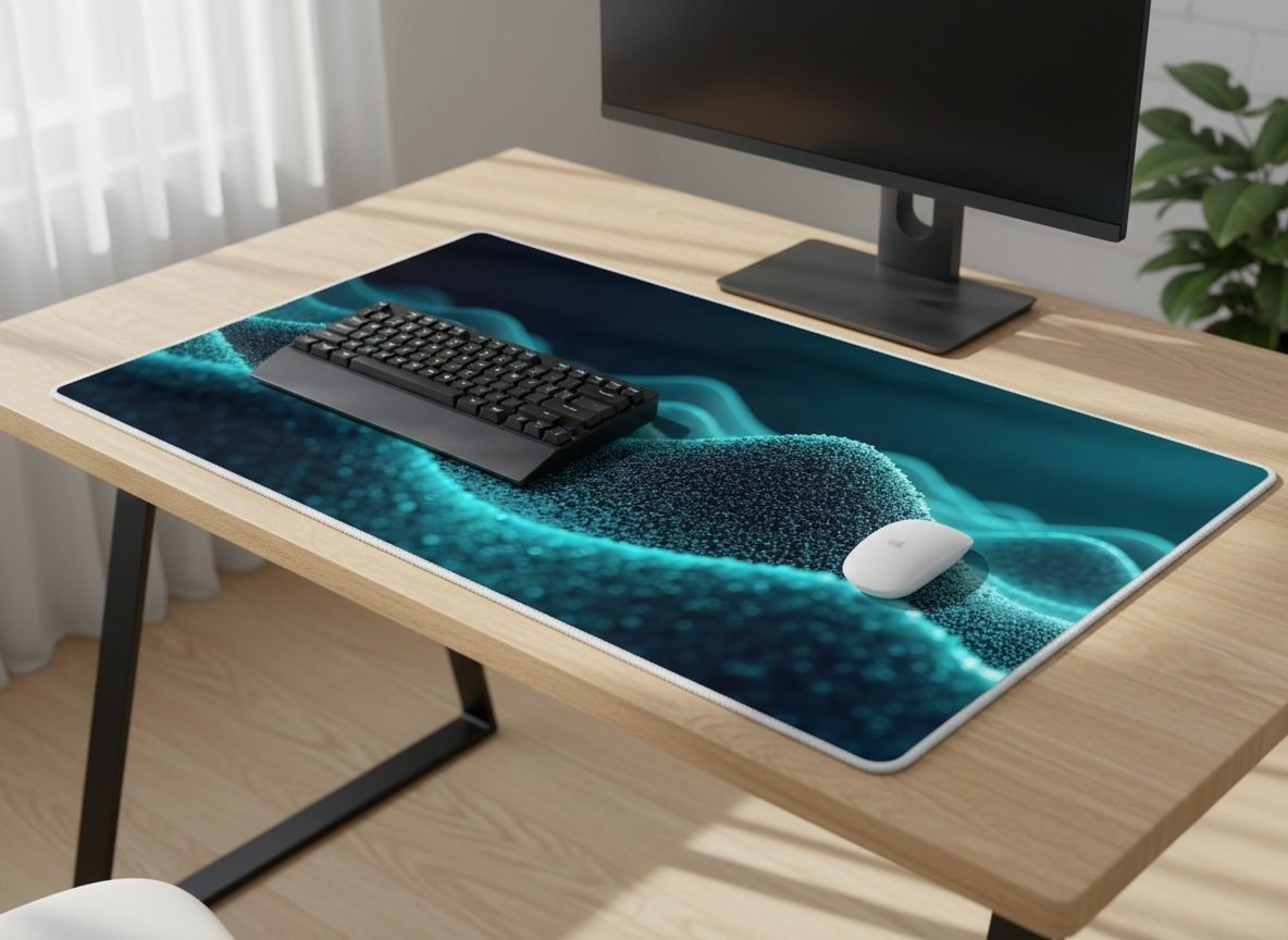 Topographic Desk Mat XL desk mat on a wooden desk with a mechanical keyboard and mouse