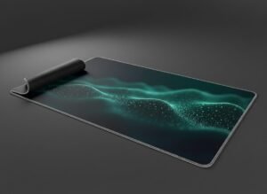 Topographic XL Gaming Desk Mat shown at an angle on a dark studio background, white stitched edge and non-slip base visible