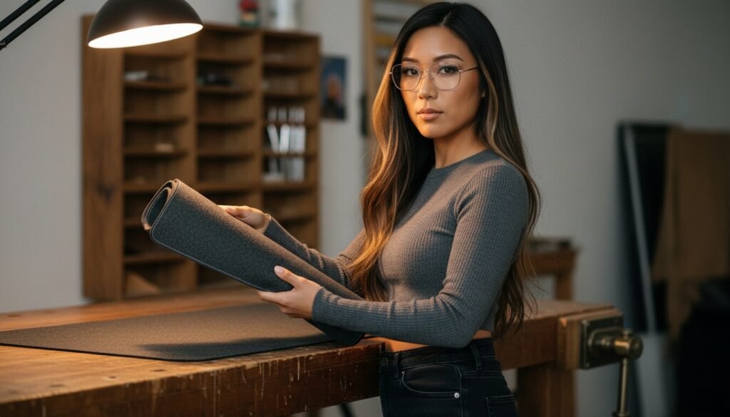 Lana examining the edge stitching of a desk mat resting on a clean wooden work table.