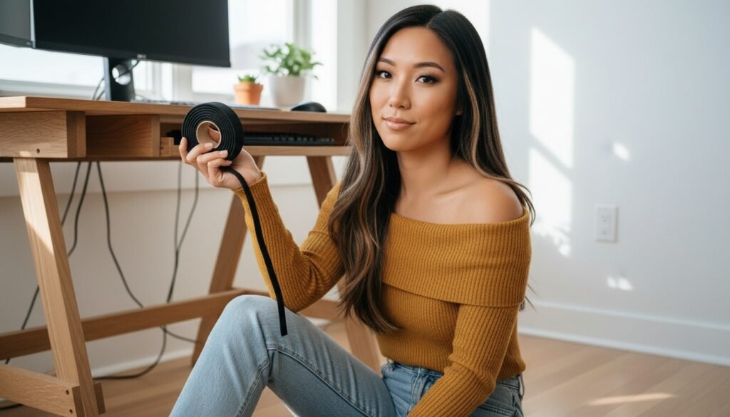 Lana sitting on a wooden floor by an open desk holding a roll of black hook-and-loop cable straps