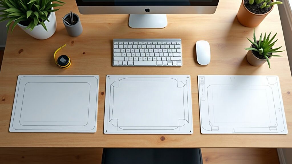 Top-down view of an oak desk with a tape measure, keyboard, mouse, and desk mat dimensions marked.