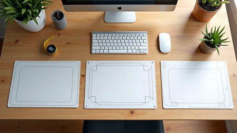 Top-down view of an oak desk with a tape measure, keyboard, mouse, and desk mat dimensions marked.