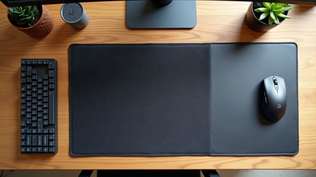 A clean wooden desk showing a comparison between a micro-weave cloth desk mat and a smooth office desk pad.