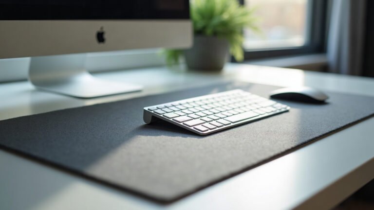Close-up of a printed fabric desk mat laid flat on a wooden desk next to a keyboard