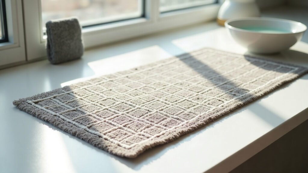 A printed fabric desk mat resting flat next to a soft microfiber cloth and a clean bowl of water on a desk surface