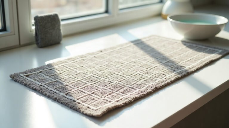 A printed fabric desk mat resting flat next to a soft microfiber cloth and a clean bowl of water on a desk surface