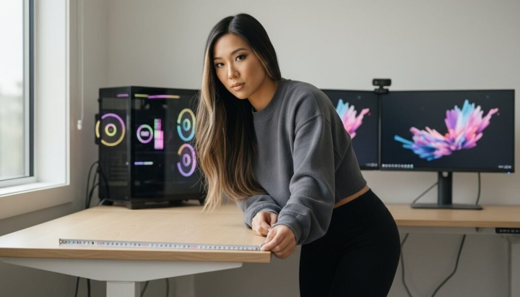 Lana measuring the depth of a birch wood desk using a steel tape measure next to a mechanical keyboard.