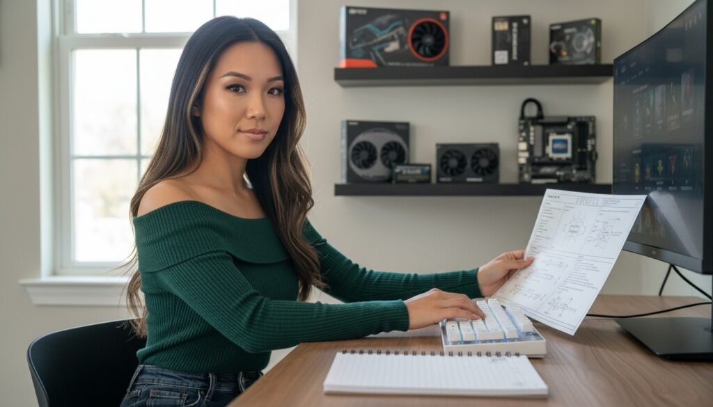 Lana reviewing hardware specification notes at a tidy ash wood desk with a keyboard and notebook.