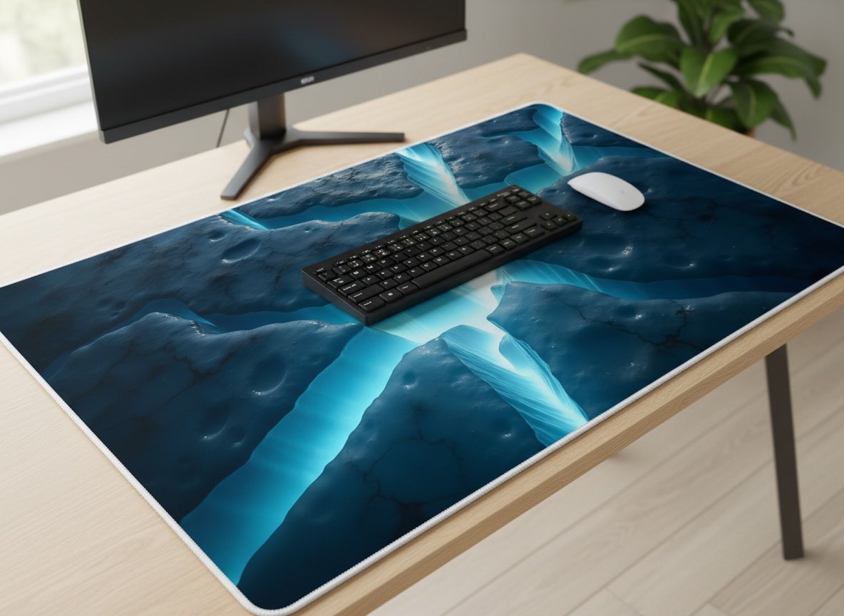 Glacier Break Desk Mat – Aerial Ice Fracture Print XL desk mat on a wooden desk with a mechanical keyboard and mouse