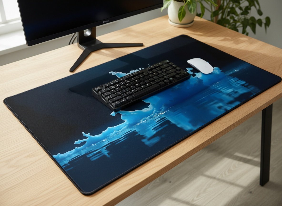Ink Bloom Desk Mat – Indigo and Cyan Pigment on Deep Black XL desk mat on a wooden desk with a mechanical keyboard and mouse